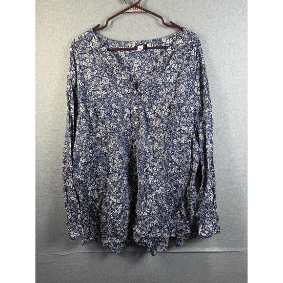 Old Navy Tops - Old Navy Blouse Womens 4X Blue Floral Henley Long Sleeve Tunic Plus Top